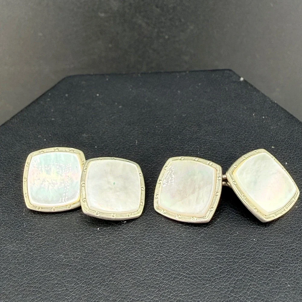 Vintage Cufflinks White Mother of Pearl Square Double Sided Silver Tone READ